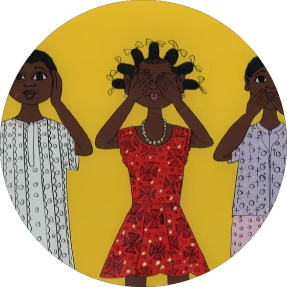 Fabienne Hejoaka / MAH Gueye / Dessins d'enfants sénégalais pour la prévention du VIH présentant Trois femmes sages et le symbole du noeud rouge